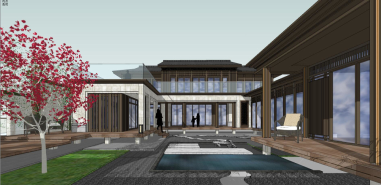 中式独栋别墅实景资料下载- 中式风格独栋合院别墅建筑模型设计