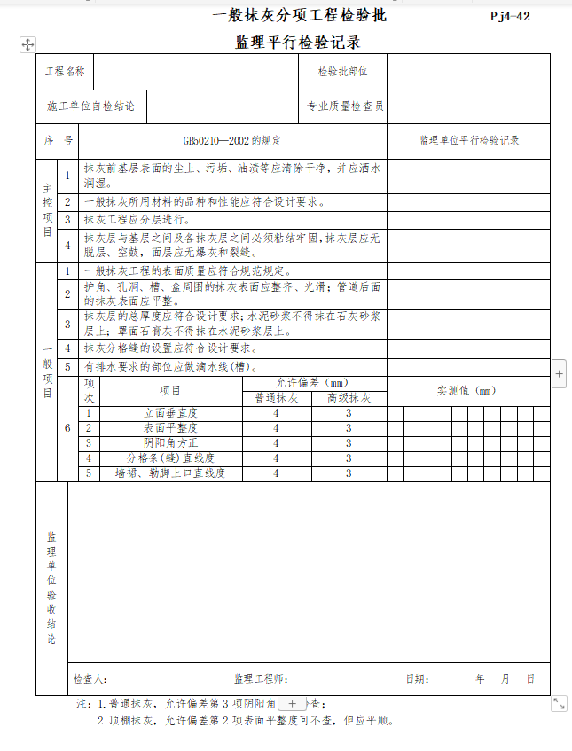 土建及安装工程监理工程师平行检验全套资料-一般抹灰分项工程检验批