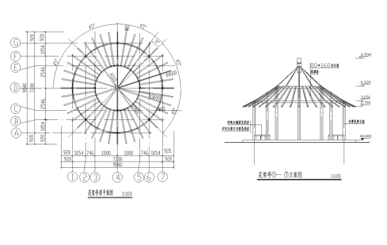 建筑花墙工程画法资料下载-景观花架亭，花墙展开图CAD详图