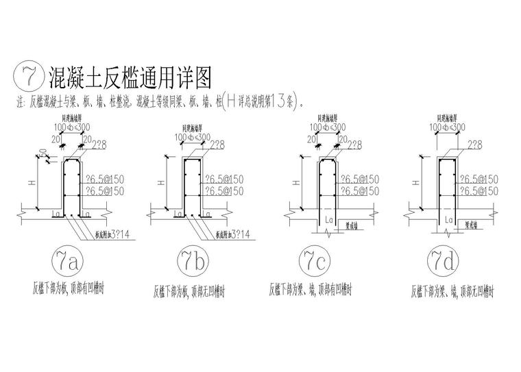 [四川]地上2层局部3层框架结构商业建筑结构施工图（2018）-混凝土反槛通用详图