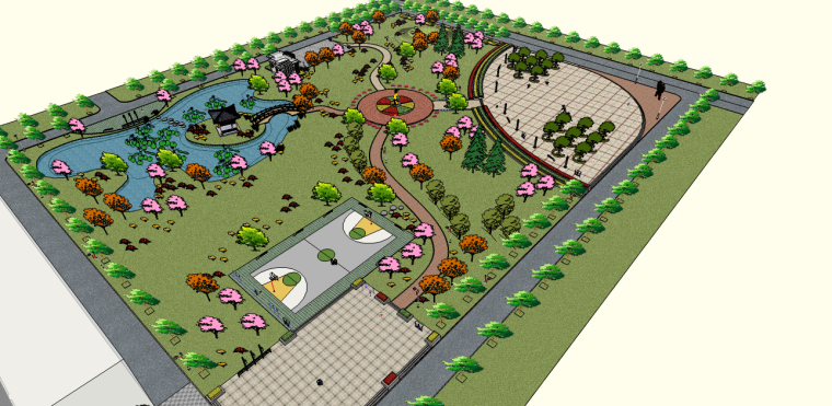 小雕塑摆设3D模型下载资料下载-滨湖乐寿公园景观su模型（健身设施，公共卫生间，篮球场，雕塑）