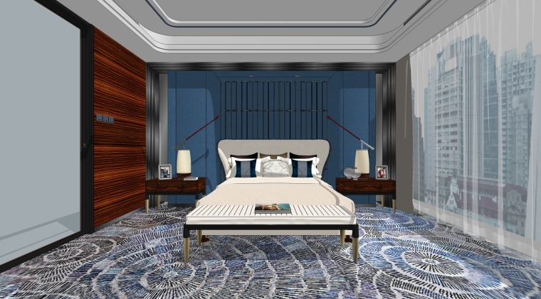 定制小房间之卧室资料下载-现代新中式轻奢家装样板房卧室房间场景设计（SU  2019）