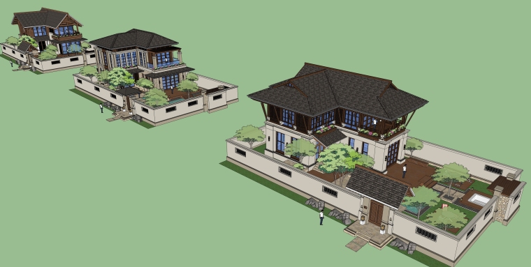 独栋别墅配套花园资料下载-东南亚风格-带花园院子独栋别墅建筑设计SU模型