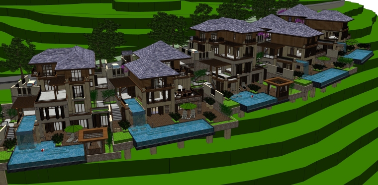组团式山地酒店设计资料下载-东南亚风格-山地别墅建筑设计SU模型