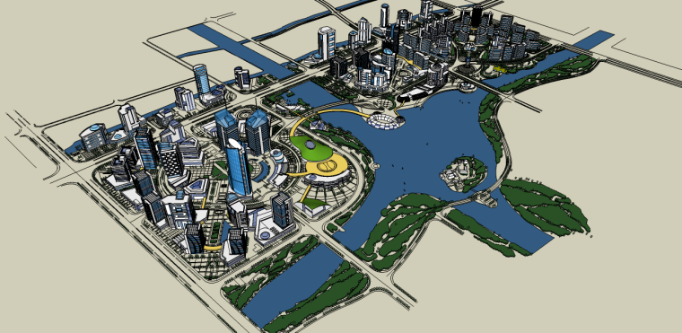 su模型景观建筑资料下载-城市滨水规划建筑景观su模型