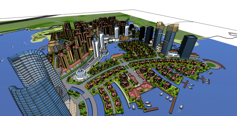 滨海城市小区景观规划资料下载-滨海城市规划su模型