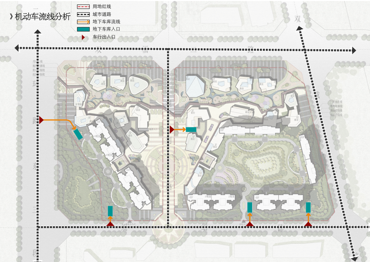 [四川]现代风格居住区知名地产城建筑方案文本（水石设计|PDF+267页）-机动车流线分析