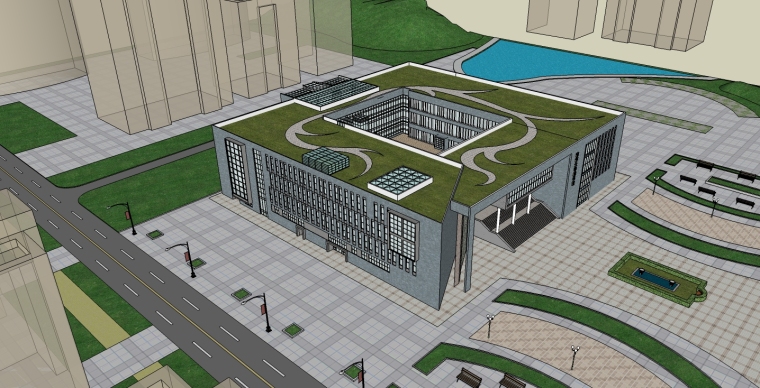 深圳图书馆CAD资料下载-图书馆建筑SketchUp模型下载