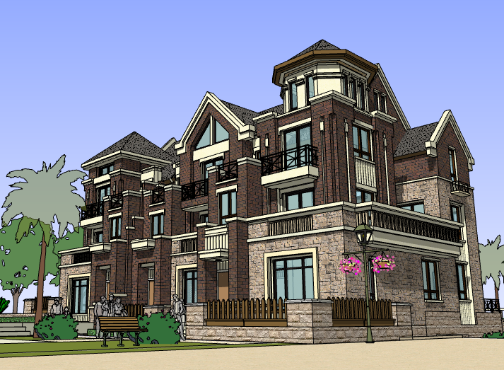 大型别墅建筑模型资料下载-欧陆风格三拼别墅建筑模型设计