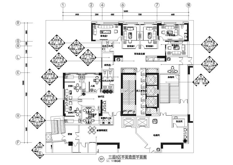 [江苏]锡安月子中心装饰CAD施工图+效果图-三层B区平面造型平面图