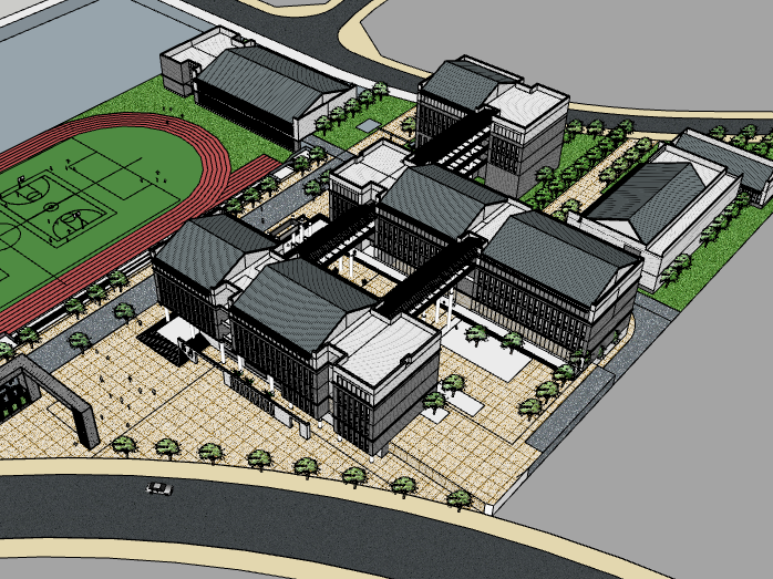 新中式建筑的风水关系资料下载-新中式校园建筑模型设计