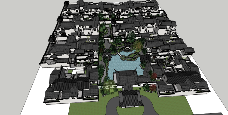 绿城中式别墅建筑设计资料下载-绿城中式街巷空间SU模型（将军门、​入户门 ）