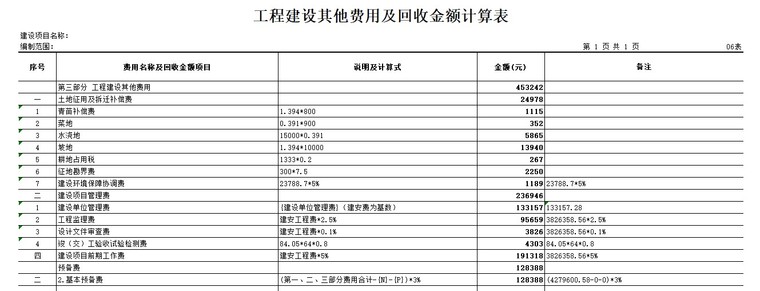 桥梁新建工程工程预算书-6、工程建设其他费用及回收金额计算表