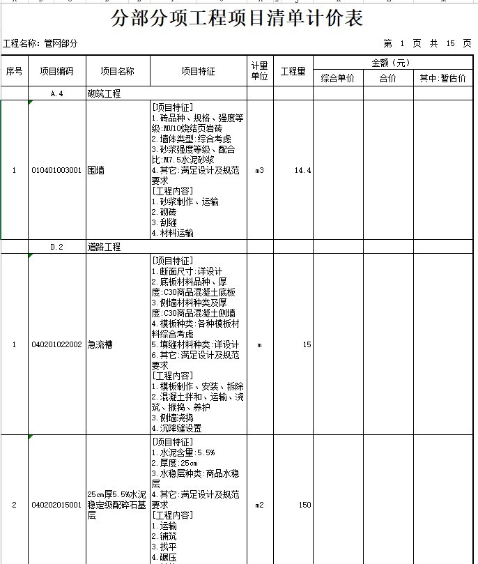 阳光小镇暴雨排水下半段及污水管线工程预算-2、分部分项工程项目清单计价表