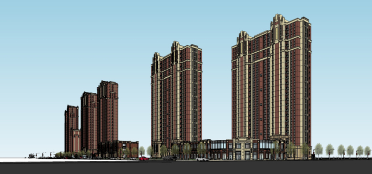 两层半城郊村住宅设计资料下载-欧陆风格北侧商业+高层住宅建筑模型设计