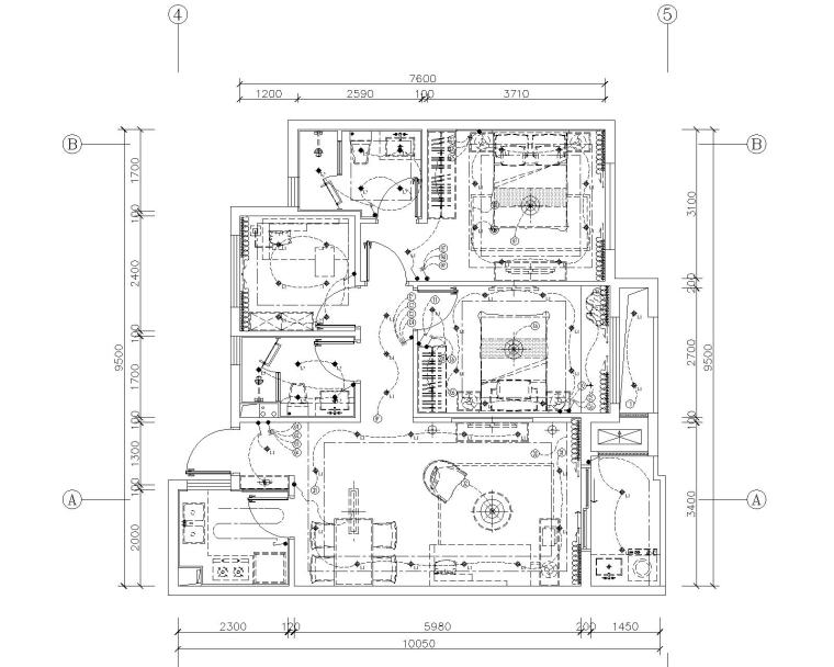 [浙江]杭州良渚新城昆仑华府现代简约摩登风格三居室样板间CAD施工图+效果图+设计说明-7天花灯具连线图