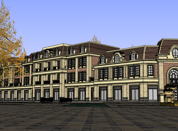 古镇沿街建筑改造资料下载-法式沿街商业建筑模型设计