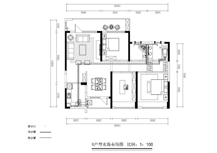 [杭州]赤壁西湖国际广场户型施工图+效果图-冷热水布局图