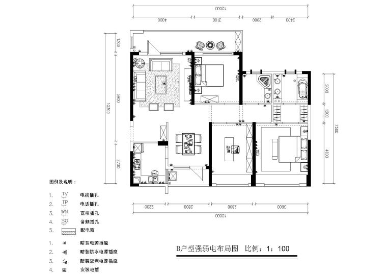 [杭州]赤壁西湖国际广场户型施工图+效果图-强弱电布局图