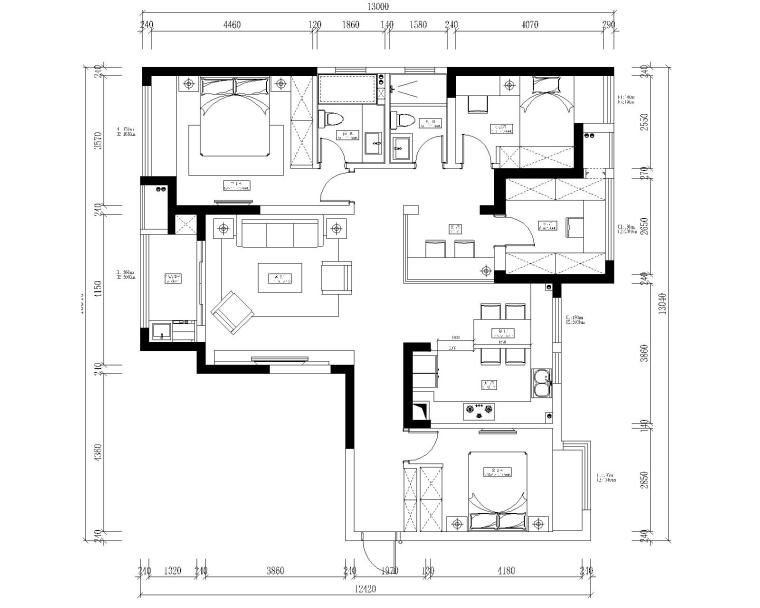 三居室一厅装修资料下载-中央华城F3三居室样板房室内装修全套施工图