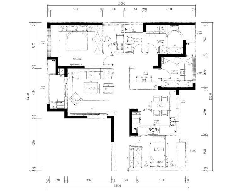 中央华城F3三居室样板房室内装修全套施工图-2家具尺寸平面图