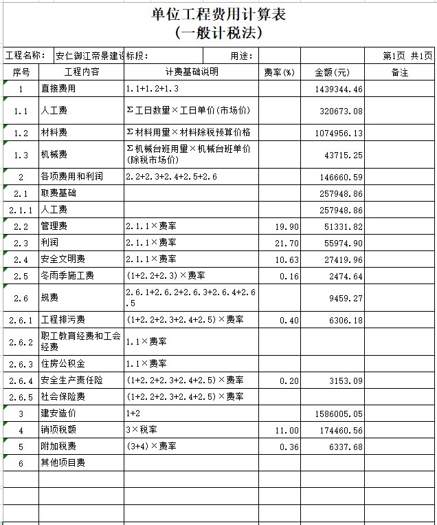 绿化工程预算书-1、单位工程费用计算表