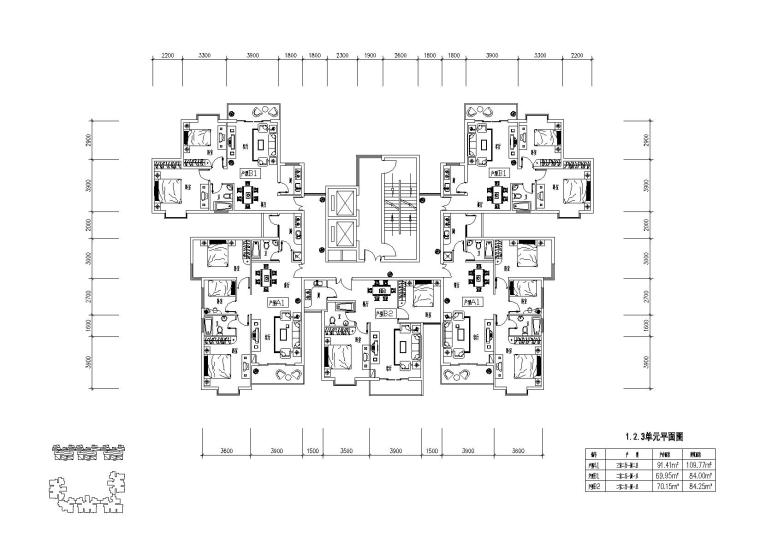 户型梯6户平面图资料下载-高层住宅组合户型平面图