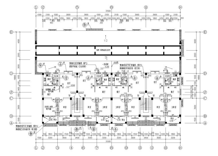 四层古建筑民居建筑施工图-二层平面图