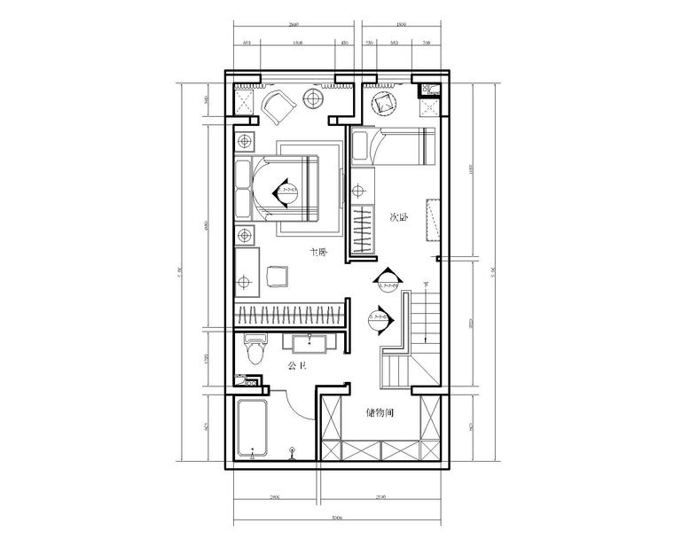 现代风格两居室LOFT样板间室内装修施工图-2二层平面布置图