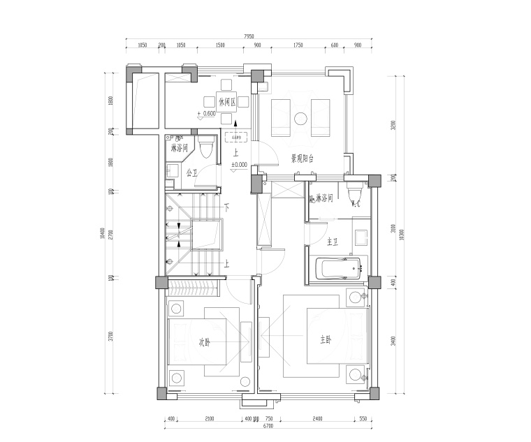 福州金辉半岛两居室别墅样板房装修施工图-二层平面布置图_看图王