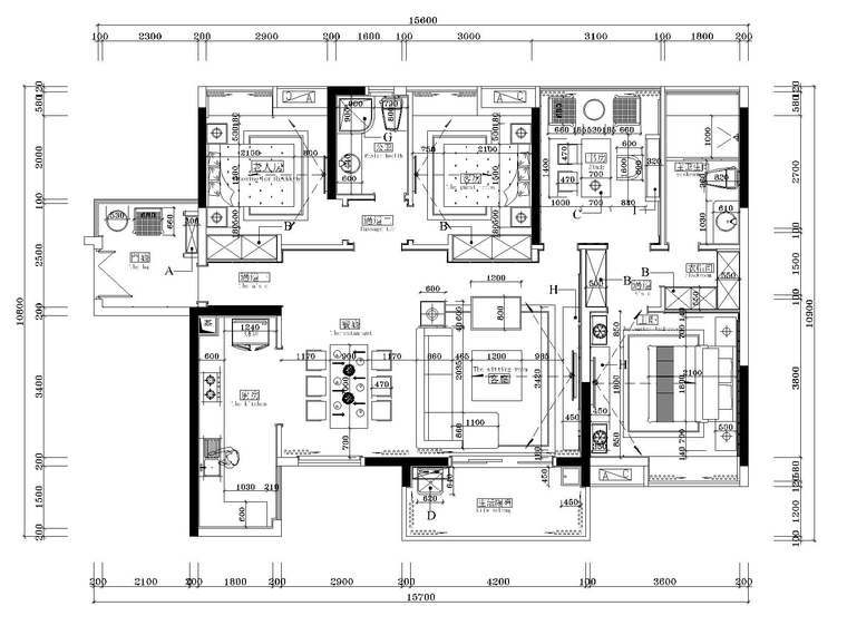 湘域中央花园现代风格A户型样板间施工图-2家具尺寸图