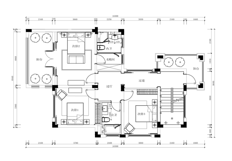 上海双拼别墅样板房室内装修全套施工图-2二层平面布置图