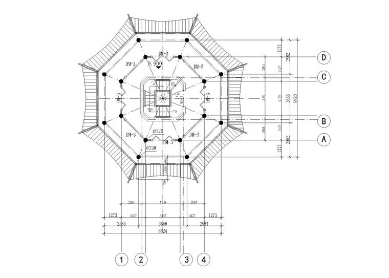 [广西]桂林七层仿古佛塔建筑施工图（CAD）-三层平面图