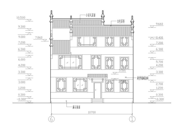 [湖南]湘西马头墙三层吊脚住宅楼建筑施工图-02湘西吊脚楼背立面图