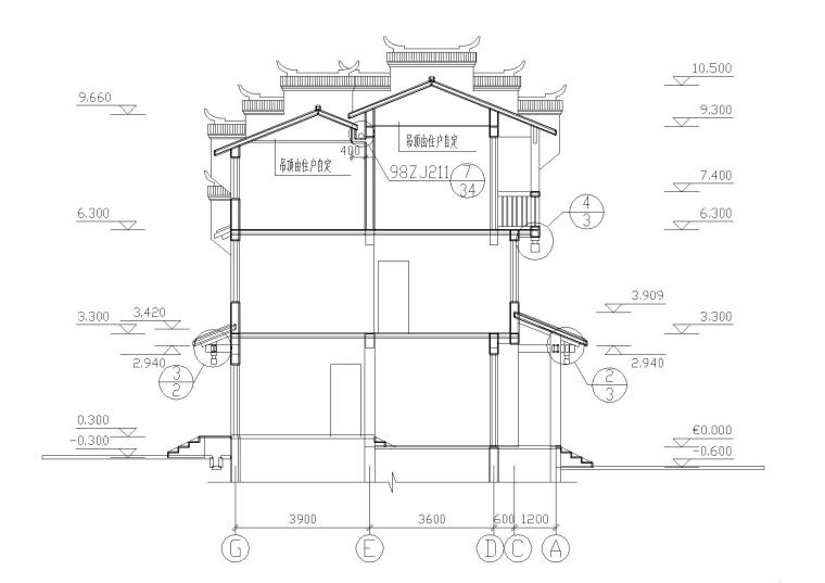 [湖南]湘西马头墙三层吊脚住宅楼建筑施工图-08湘西吊脚楼剖面图