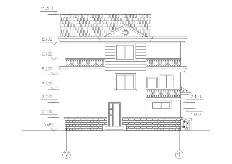 [广西]农村新型三层小康住宅建筑施工图-03农村三层小康住宅侧立面图