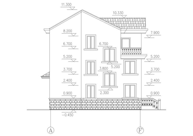 [广西]农村新型三层小康住宅建筑施工图-04农村三层小康住宅侧立面图