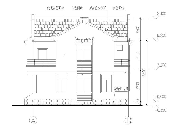 单家独院式别墅建筑施工图（CAD）-东立面