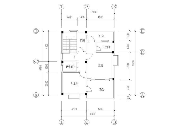 单家独院式别墅建筑施工图（CAD）-二层平面图