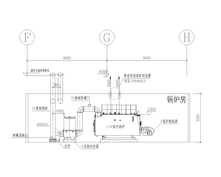蒸汽锅炉房热力系统、事故通风设计施工图-锅炉房烟道剖面图