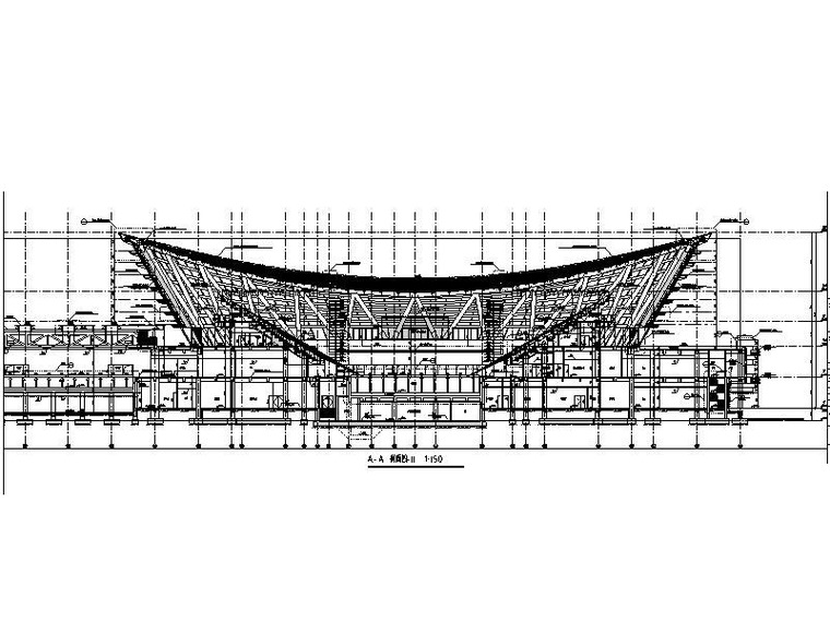 框剪结构游泳馆建筑结构施工图(索网钢屋盖)-游泳馆剖面图