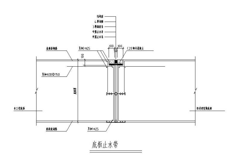 框剪结构游泳馆建筑结构施工图(索网钢屋盖)-底板止水带