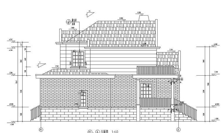 现代中式风格2层独栋别墅施工图设计-M-A立面图