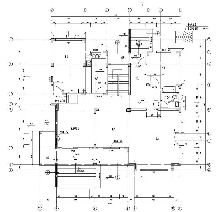 现代中式风格2层独栋别墅施工图设计-底层平面图