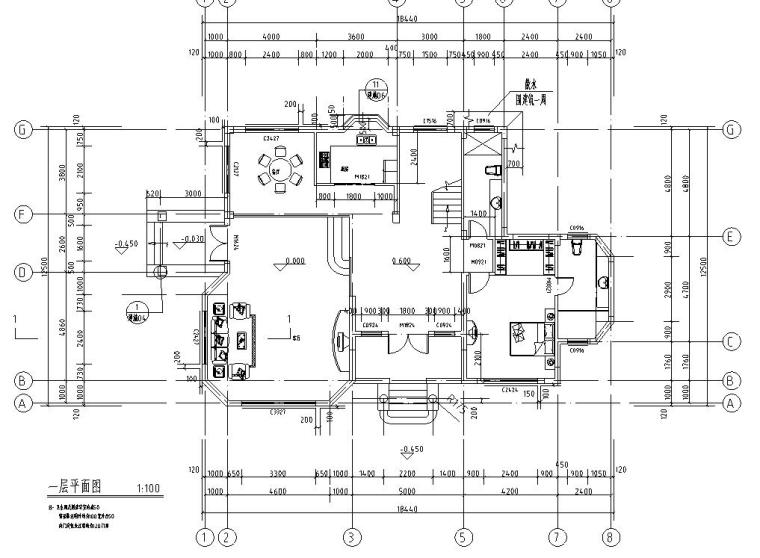 芙蓉欧式风格别墅3层独栋别墅施工图-一层平面图