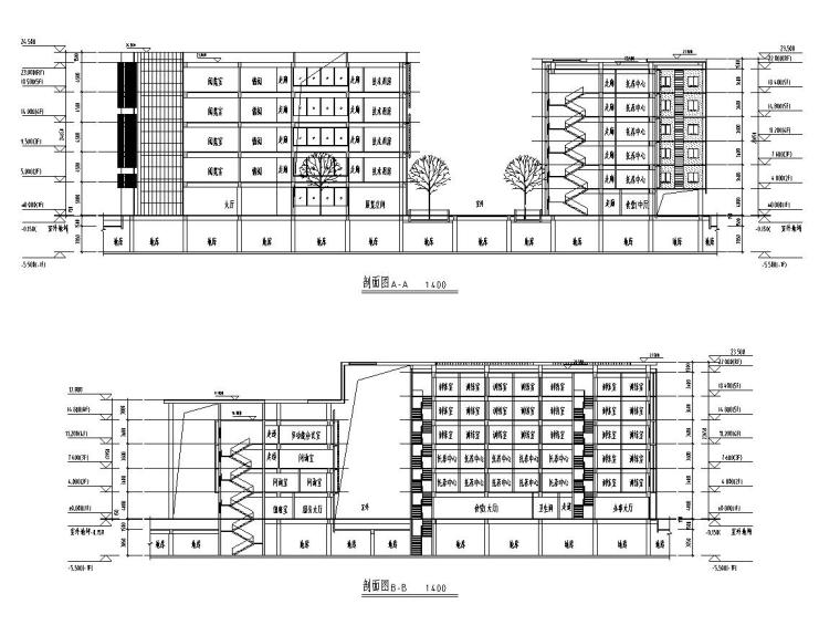 [四川]现代风格行政办公楼建筑施工图-剖面图