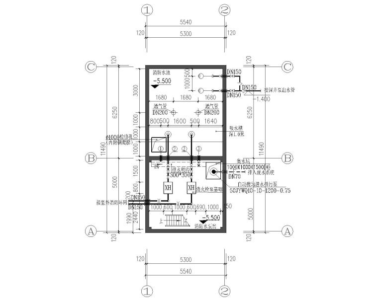 给排水泵房间图纸资料下载-三所中学消防给排水泵房设计施工图