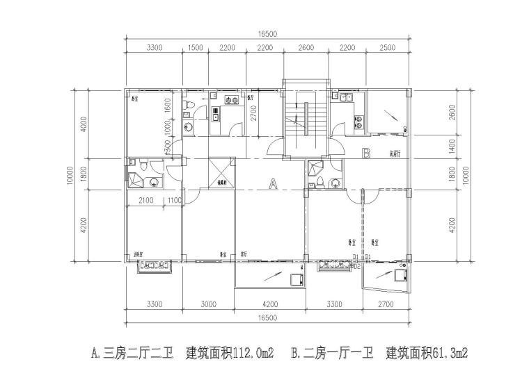 120平方一梯两户平面图资料下载-多层一梯两户三室/两室两厅组合户型平面图