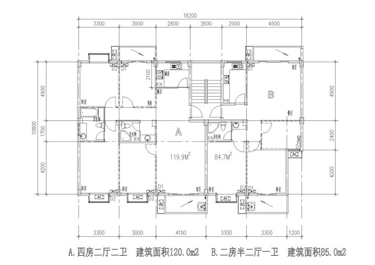 多层一梯两户三室/两室两厅组合户型平面图-02一梯两户户型组合平面图