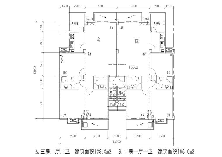 多层一梯两户三室/两室两厅组合户型平面图-03一梯两户户型组合平面图